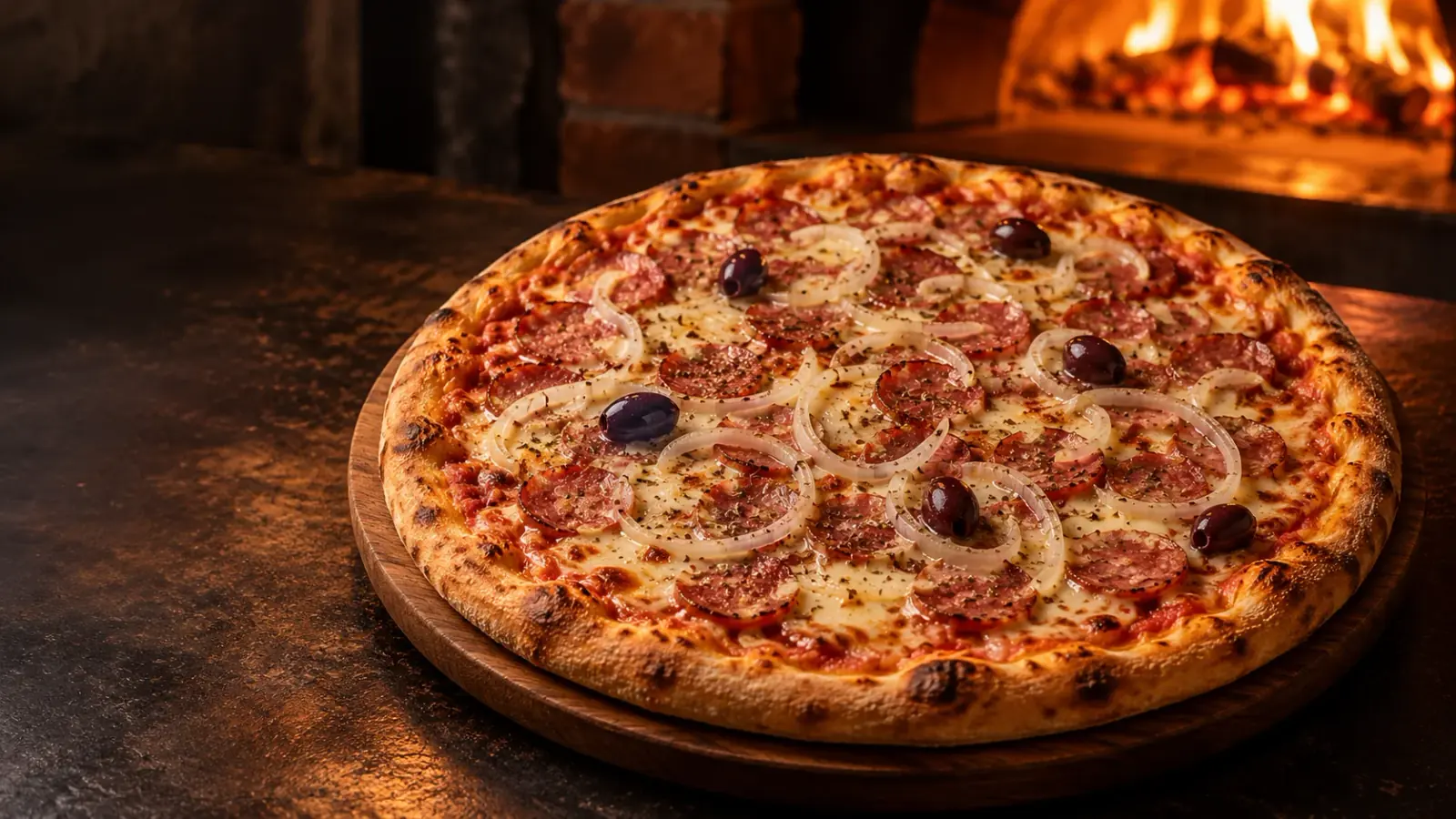 Pizza de calabresa com cebola e queijo derretido